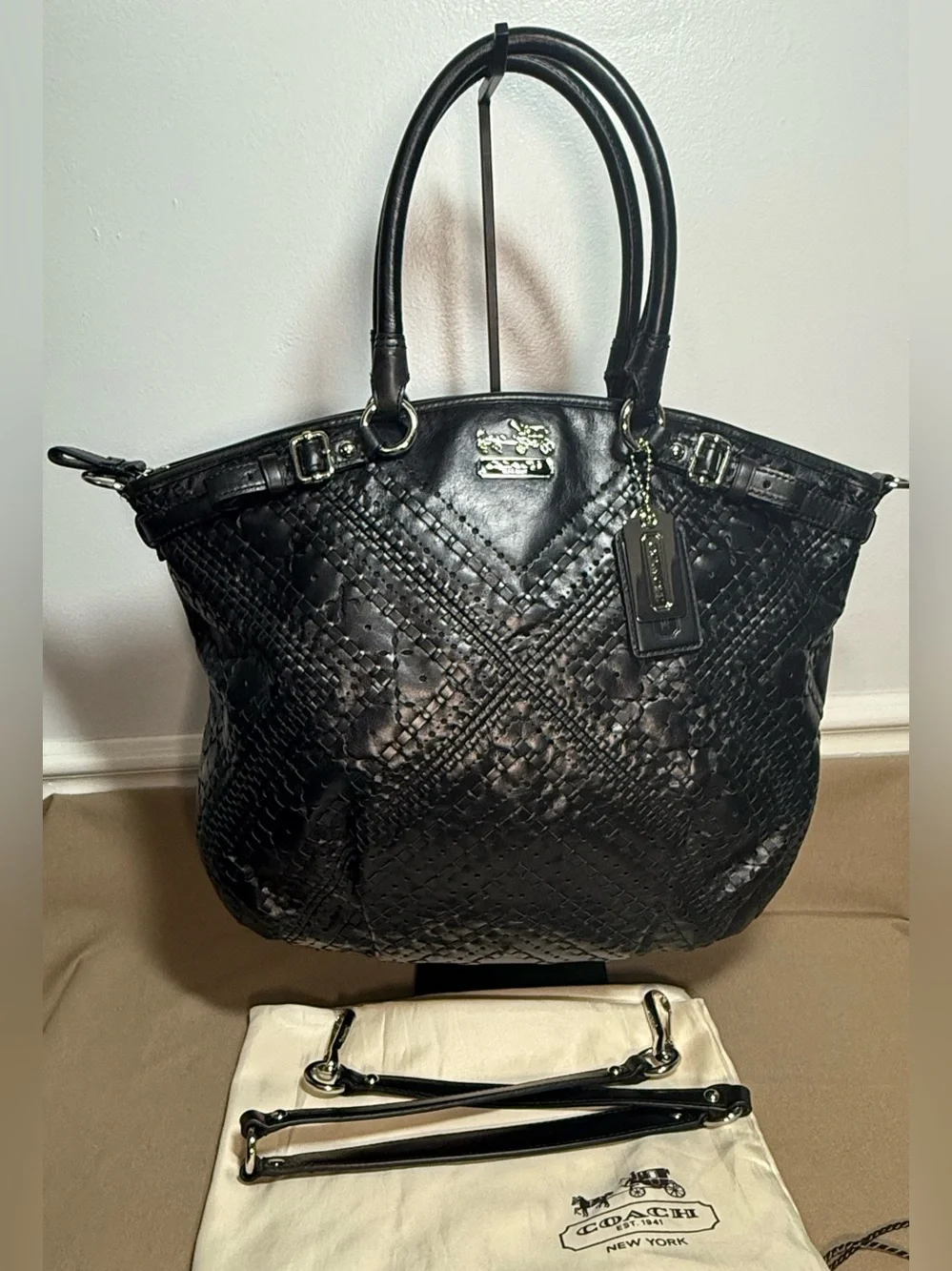 Coach Madison Criss Cross Woven Black Leather Lindsey Satchel Bag